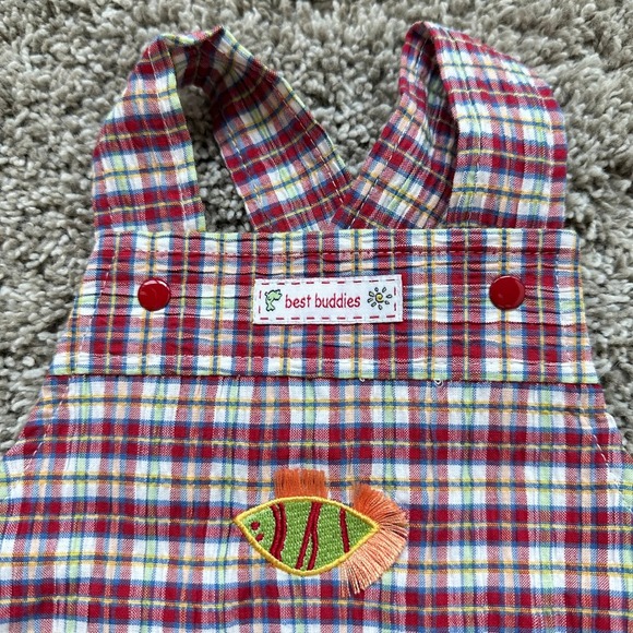 Vintage Best Buddies Plaid Shortall Romper Embroidered Fishing Summer Fall 0-3M - Picture 9 of 9